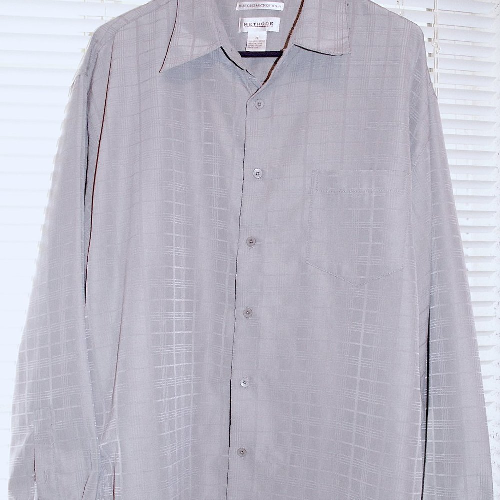 Men's Shirt METHODE Sz XL Silver Gray Faux Suede Button Front, Long Sleeve